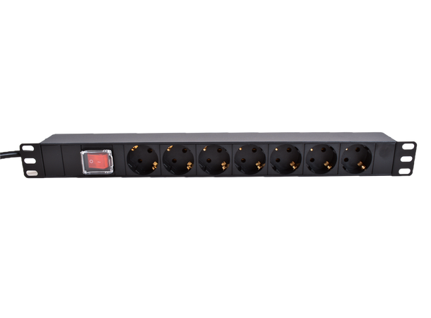 LinkIT 19" Strømskinne 7x CEE 7/4 2m CEE 7/7 1U m/bryter16A 3600W 2 m. kabel 