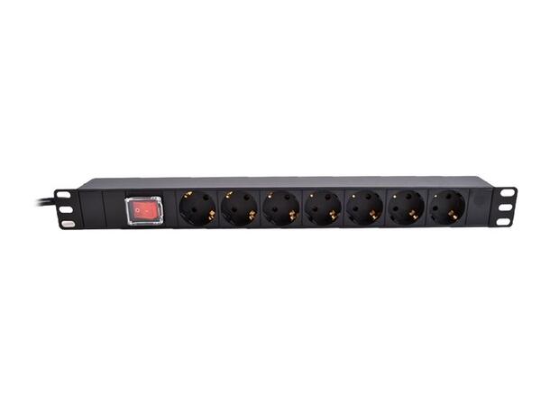 LinkIT 19" Strømskinne 7x CEE 7/4 2m CEE 7/7 1U m/bryter16A 3600W 2 m. kabel 